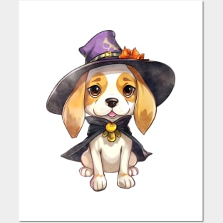 Watercolor Beagle Dog in Witch Hat Posters and Art